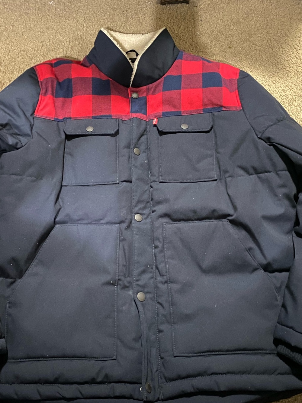 Levi's Navy Puffer Jacket with Red Plaid Yoke